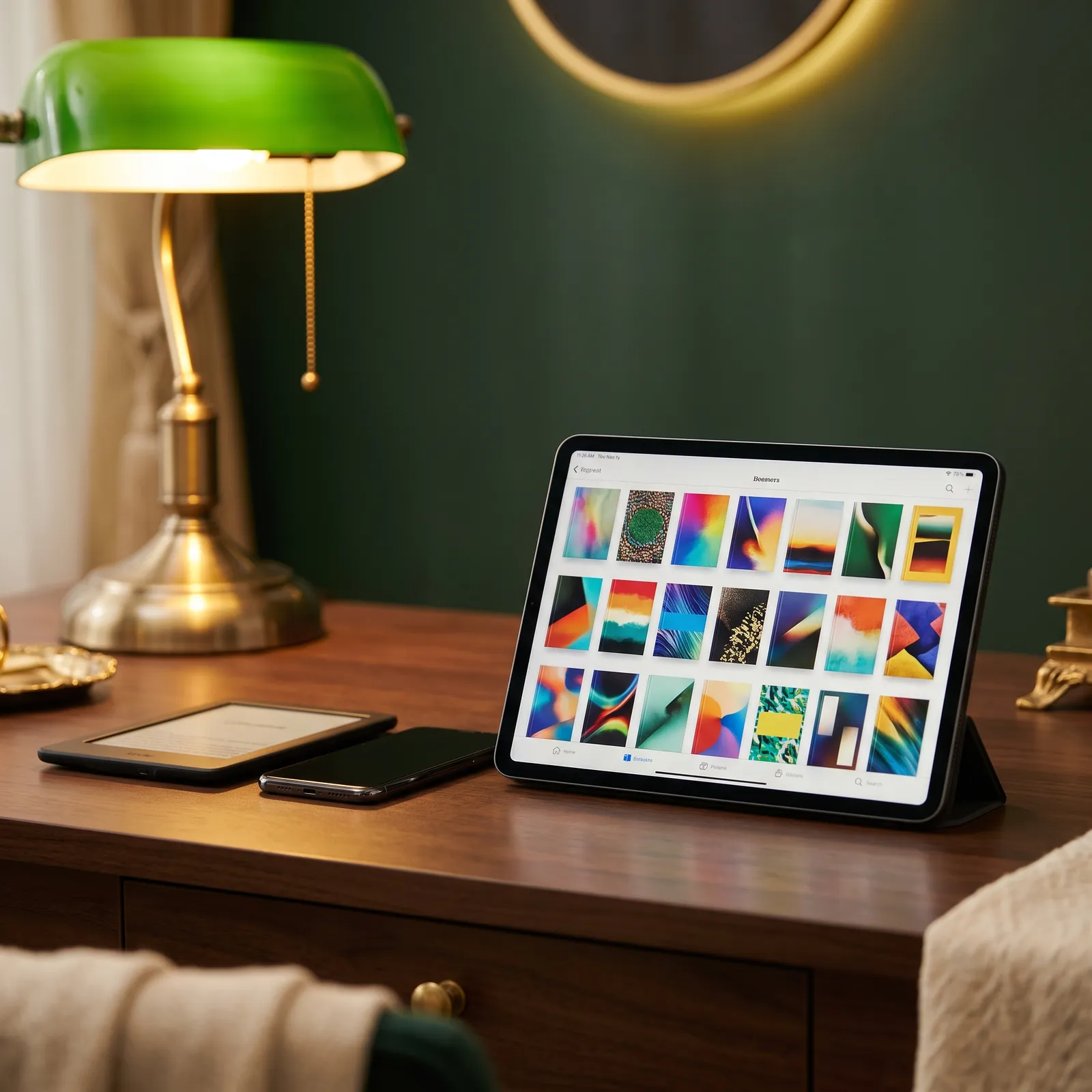 A tablet showing a grid of book covers next to an e-reader and a smartphone
