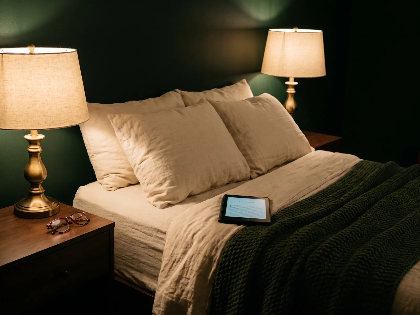 An e-reader on a bed next to a lamp and reading glasses