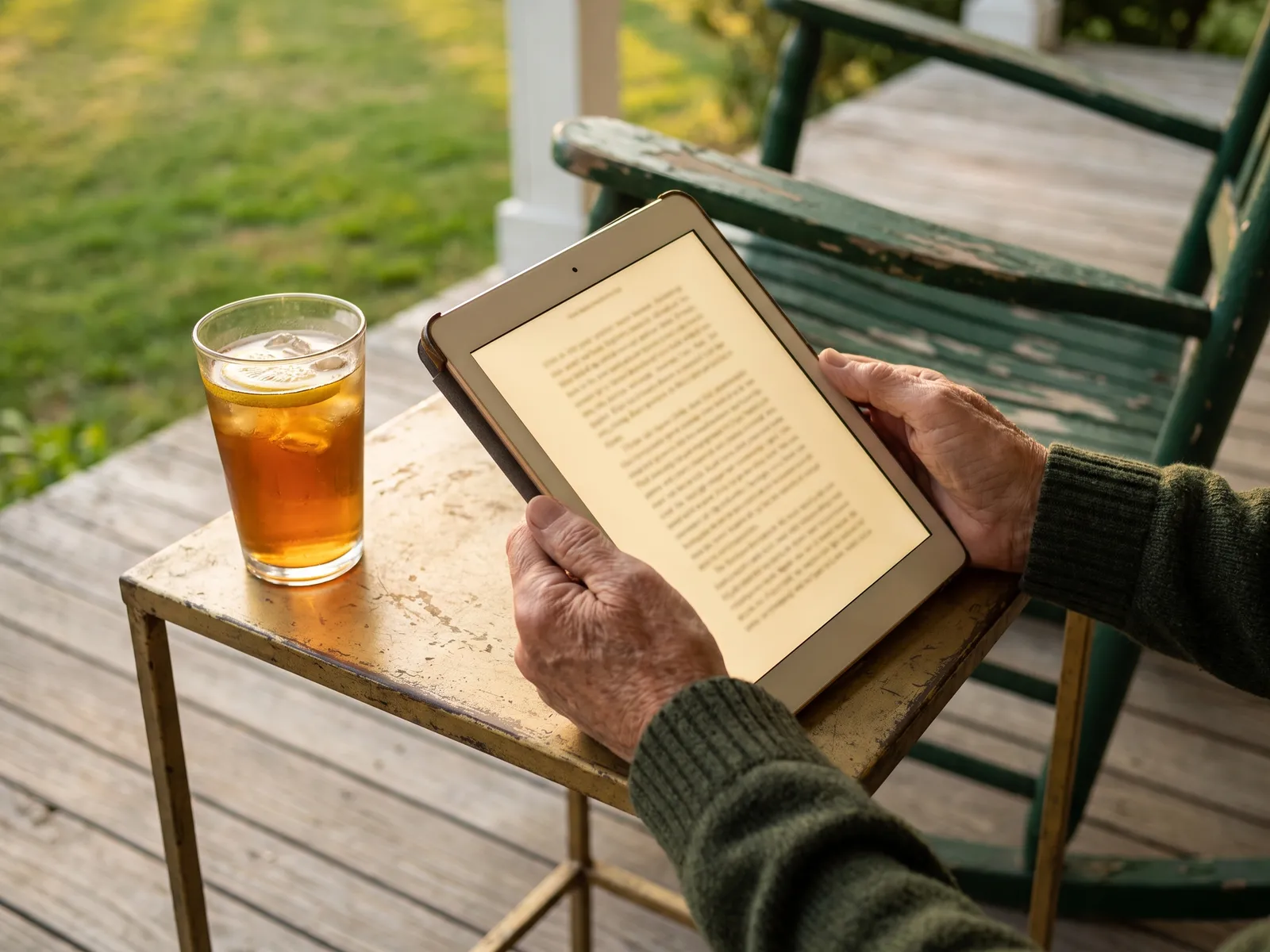 Hands holding a tablet with an ebook on a porch rocking chair