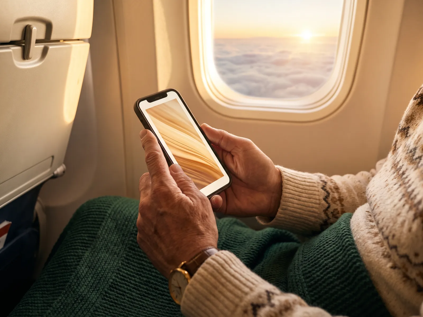 A phone showing an ebook by an airplane window